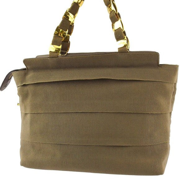 Salvatore Ferragamo tote bag Vala chain canvas �~ leather Auth used T19475